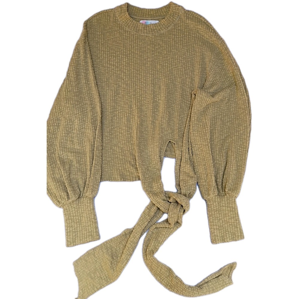 Free people Beach tie front sweater size M Green/Tan Ribbed Balloon sleeve
